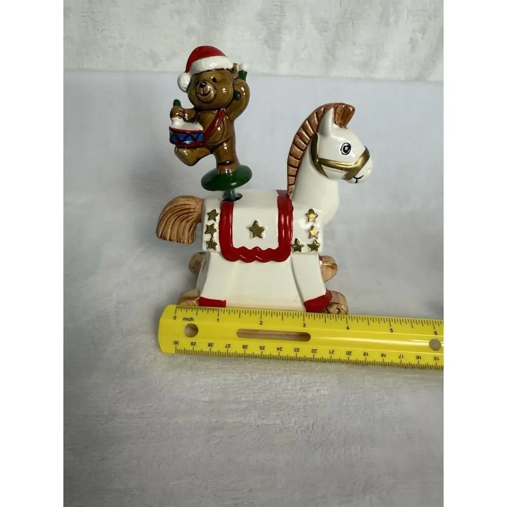 Vintage Christmas Rocking Horse W/ Bear Drummer Music Box NOS Japan